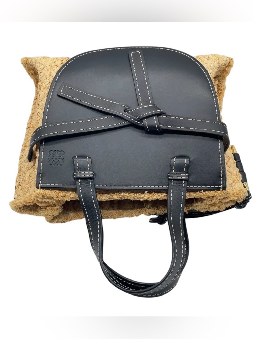✨🛍️ Loewe Gate Top Handle Raffia & Black Leather Tote Bag - Picture 3 of 9